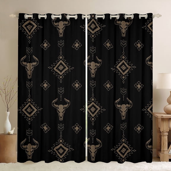 Feelyou Tribal Sheep Skull Black Out Curtains for Teen, Hippie Aztec Abstract Curtains Pack of 2 (42x63 Each), Cowgirl Cowboy Bedroom Curtains, Blackout Curtains Bedroom Decor