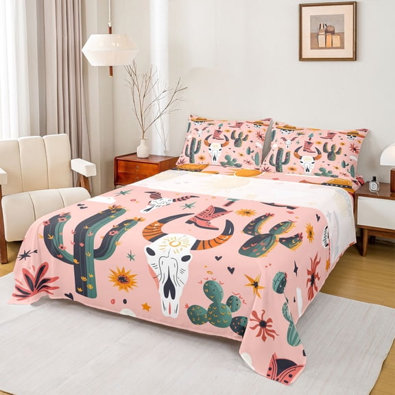 Feelyou Tribal Sheep Skull Twin Sheet Sets, Western Cactus Bedding, 3 Pieces