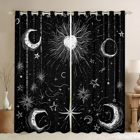 Feelyou Tribal Sun Moon Curtains Pack of 2 (42x84 Each), Hippie Western Constellation Curtains Blackout, Psychedelic Stars Print Bedroom Curtains, Black Out Curtains Decor