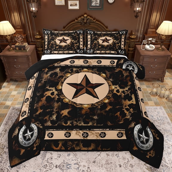 Feelyou Tribal Texas Stars Bedding Comforter Set, Leopard Cheetah Print Twin Comforter Sets, Western Rustic Farmhouse Reversible Bedding Set, Microfiber Bedroom Decor, 2pcs