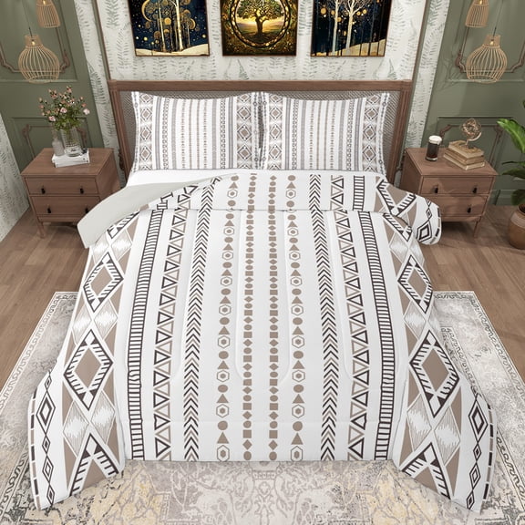 Feelyou Tribal Western Aztec Full Size Comforter Sets for Women, Boho Triangle Square Bedding Comforter Set, White Hippie Mandala Reversible Bedding Sets, Microfiber Bedroom Decor, 3-Piece