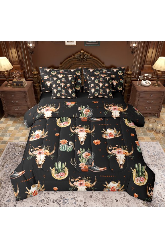 Tribal Western Boot Bedding Comforter Set 7 Pieces for Kids, Rustic Gothic Sheep Skull Full Bedding Set, Cactus Botanical Reversible Fitted Sheet Flat Sheet, Breathable Home Decor