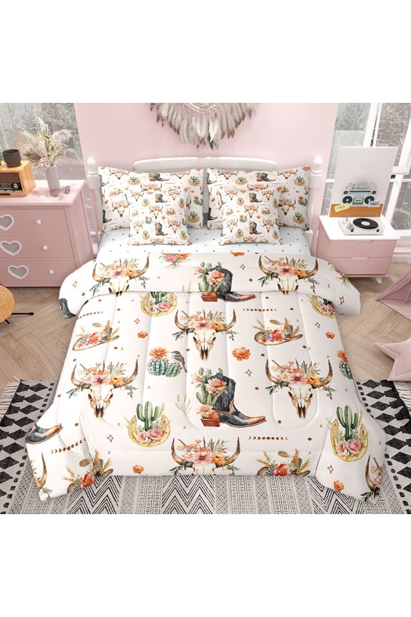 Tribal Western Boot Bedding Comforter Set 7pcs for Kids, Rustic Sheep Skull King Bedding Sets, Cactus Groovy Flower Reversible Bed Sheets, Lightweight Room Decor