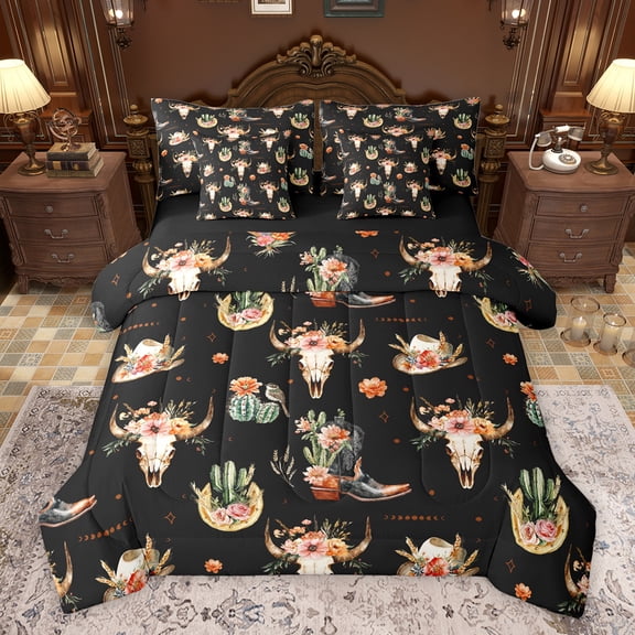 Feelyou Tribal Western Boot Twin Bedding Sets 7-Piece for Kids, Rustic Gothic Sheep Skull Bedding Comforter Set, Cactus Botanical Reversible Sheet Sets, Breathable Home Decor