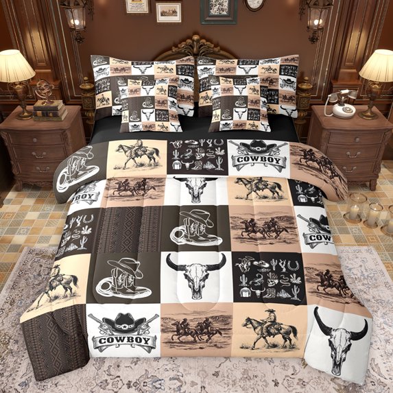 Feelyou Tribal Western Cowboy Bedding Comforter Set 7pcs, Gothic Sheel Skull King Bedding Sets, Rustic Farmhouse Horse Reversible Bed Sheets, Ultra Soft Bedroom Decor