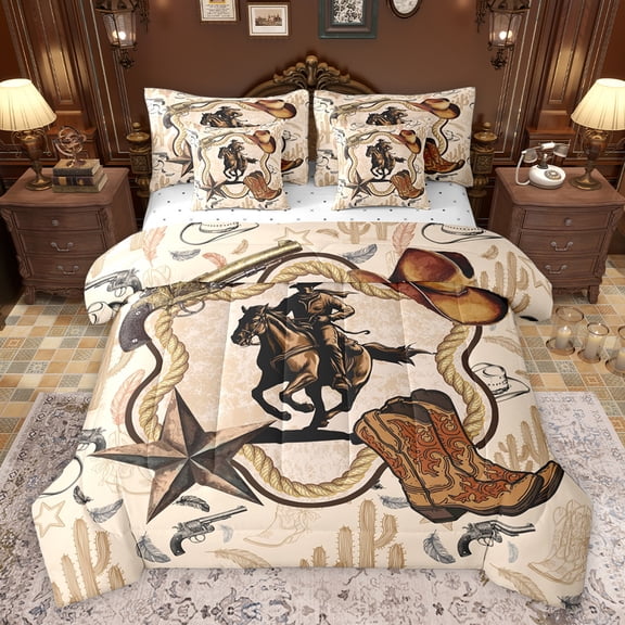 Feelyou Tribal Western Cowboy Twin Bedding Sets 7-Piece, Brown Cowgirl Boot Bedding Comforter Set, Texas Stars Cactus Sheet Sets, Super Cozy Room Decor