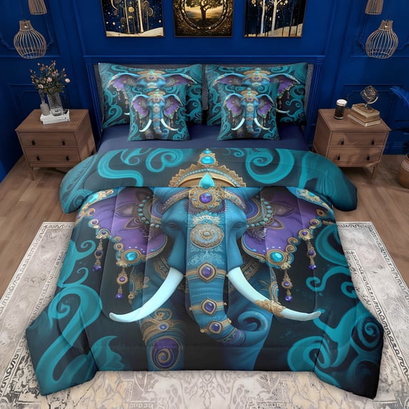 Feelyou Tribal Western Elephant Bedding Comforter Set 7pcs, Hippie Bohemian Animal King Bedding Sets, Teens Kids Boys Girls Reversible Bed Sheets, Luxury Bedroom Decor