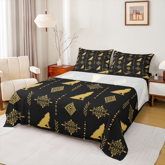 Feelyou Tribal Wolf Adult Twin Sheet Sets, Bohemian Western Aztec Bedding, 3-Piece