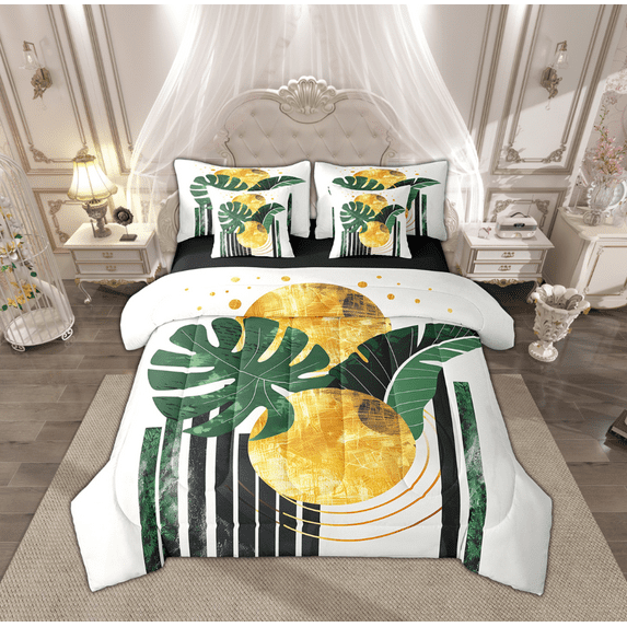 Feelyou Tropic Palm Botanical Bedding Comforter Set 7-Piece, Geometric Abstract Stripe King Bedding Sets, Teen Kid Adult Reversible Bed Sheets, Microfiber Bedroom Decor