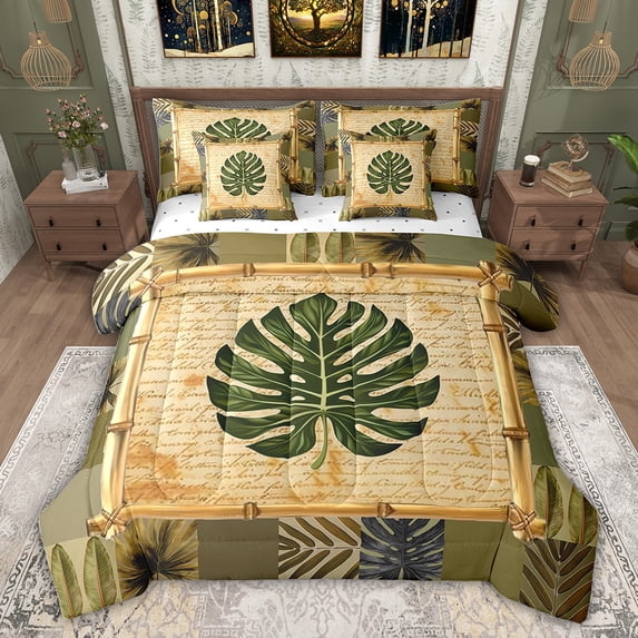 Feelyou Tropic Palm Leaves Bedding Comforter Set 7pcs, Vintage Western Plant Queen Bedding Sets, Teens Kids Boys Girls Reversible Queen Sheet Sets, Microfiber Bedroom Decor