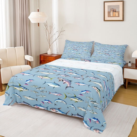 Feelyou Tropical Fish Bed Sheets for Kids, Watercolor Starfish Animal King Sheets, Blue, 4-Piece