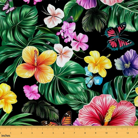 Feelyou Tropical Flower Fabric by the Yard 1 Yard, Colorful Blossoms Home Decor Fabric by the Yard, Green Palm Tree Leaves Sewing Fabric, Microfiber Bedroom Decor