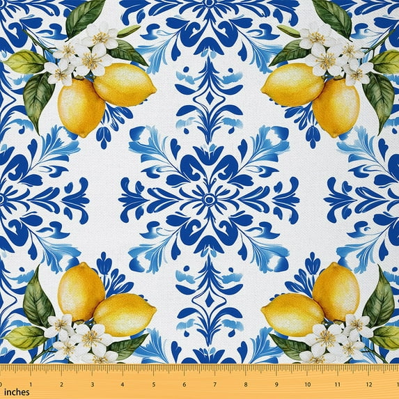 Feelyou Tropical Lemon Fabric by the Yard 1 Yard, Blue Blossoms Home Decor Fabric by the Yard, Fruit Theme Sewing Fabric, Yellow Green White Room Decor