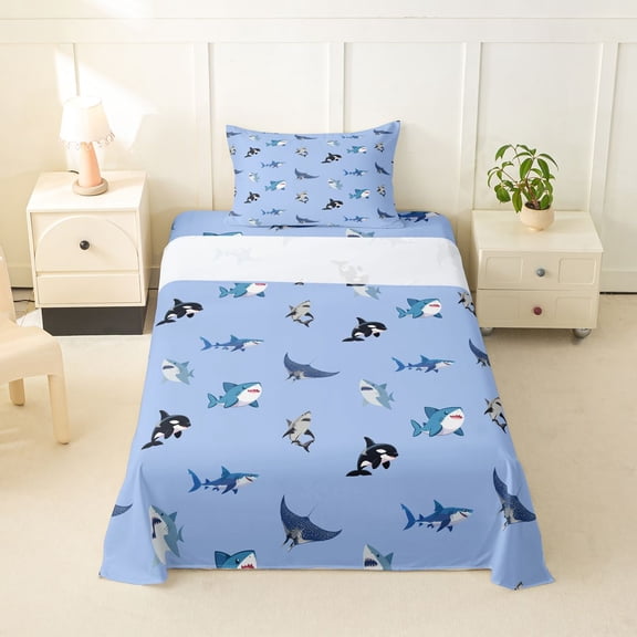 Feelyou Tropical Sea Animal Twin Sheet Sets for Kids Boys Girls, Kawaii Shark Animal Bedding, Sky Blue, 3-Piece