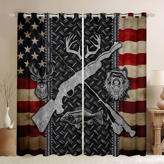 Feelyou USA Flag Deer Bear Bass Fish Blackout Curtains Set of 2 (52x84 Each) for Men Adults, Outdoor Nautical Marine Window Curtains, Red