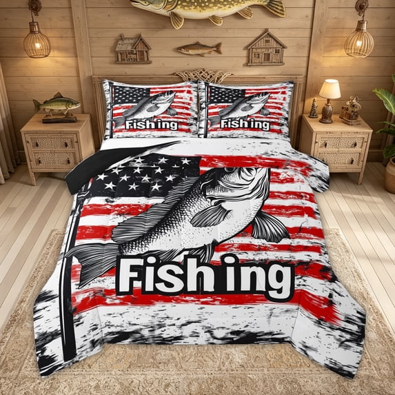 Feelyou USA Flag Vintage Bass Fish Queen Comforter Set for Men, Marine Wildlife Bedding Comforter Set, Black Red White, Black Reversible, 3pcs