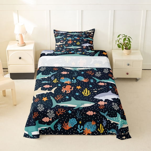 Feelyou Undersea Shark Octopus Coral Twin Sheet Sets for Kids Boys Girls, Cartoon Marine Animal Bedding, Navy, 3pcs