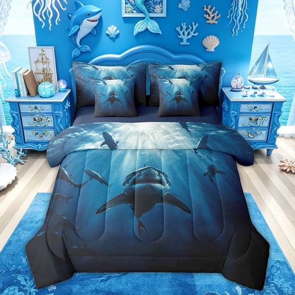 Feelyou Undersea Shark Twin Bedding Sets for Men Boys, Ocean Animal Bedding Comforter Set, Dark Blue, Blue Reversible, 7-Piece