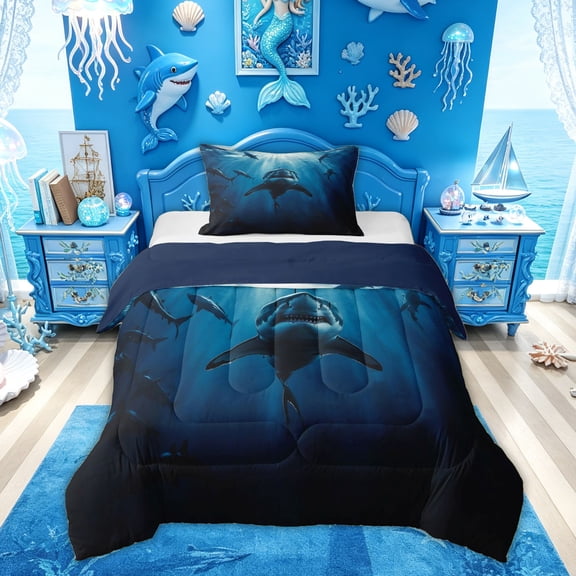 Feelyou Undersea Shark Twin Comforter Sets for Men Boys, Ocean Animal Bedding Set, Dark Blue, Blue Reversible, 2-Piece