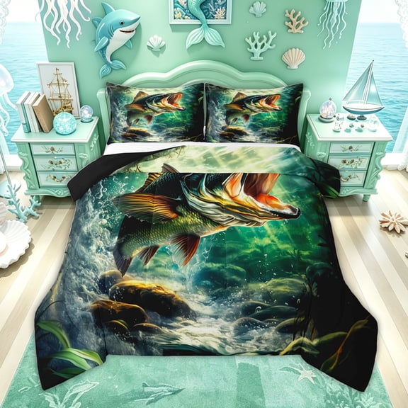 Feelyou Underwater Largemouth Bass Fish Full Size Comforter Sets for Men Boys, Lake Splash Marine Bedding Sets, Green, Black Reversible, 3pcs