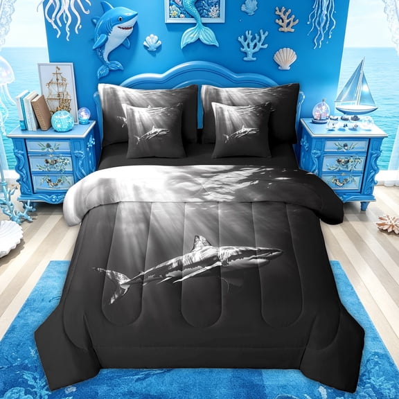 Feelyou Underwater Shark Twin Bedding Sets for Men Boys, Sunlight Marine Animal Bedding Comforter Set, Grey, Black Reversible, 7pcs