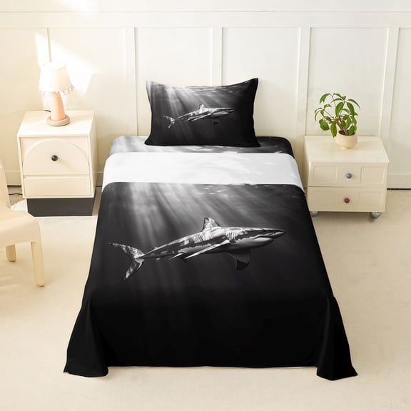 Feelyou Underwater Shark Twin Sheet Sets for Men Boys, Sunlight Marine Animal Bedding, Grey, 3pcs