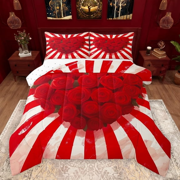 Feelyou Valentine's Day Rose Bedding Comforter Set, Romantic Love Heart Twin Comforter Sets, Chic Red Stripes Abstract Reversible Bedding Set, Luxury Bedroom Decor, 2pcs