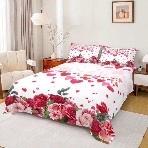 Feelyou Valentine's Day Rose Full Size Sheets, Love Heart Couple Bed Sheets, 4 Pieces