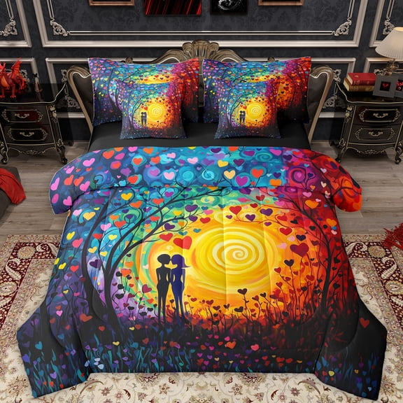 Feelyou Valentines Day Twin Bedding Sets 7-Piece, Rainbow Swirl Artwork Bedding Comforter Set, Love Heart Tree Plant Reversible Sheet Sets, Super Cozy Room Decor