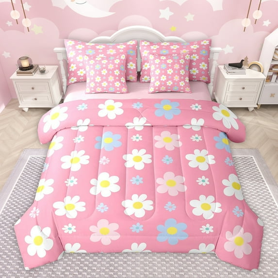 Feelyou Vibrant Flower Bedding Comforter Set 7pcs for Kids, Kawaii Cherry Blossoms Queen Bedding Sets, Cartoon Groovy Floral Reversible Queen Sheet Sets, Breathable Home Decor