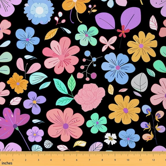 Feelyou Vibrant Flower Floral Fabric by the Yard 2 Yards for Kid, Black Pink Home Decor Fabric by the Yard, Rustic Botanical Sewing Fabric, Ultra Soft Home Decor