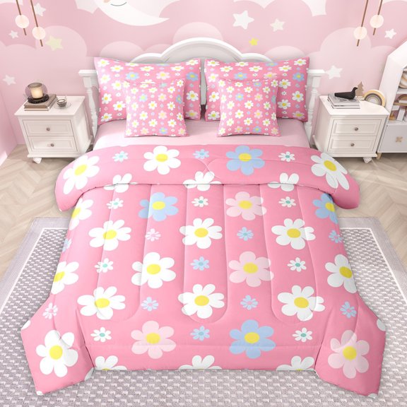 Feelyou Vibrant Flower Twin Bedding Sets 7-Piece for Kids, Kawaii Cherry Blossoms Bedding Comforter Set, Cartoon Groovy Floral Reversible Sheet Sets, Breathable Home Decor