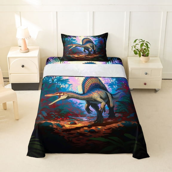 Feelyou Vibrant Neon Spinosaurus Rainforest Twin Sheet Sets for Boys Men Kids, Retro Jungle Dinosaur Bedding, Blue, 3pcs