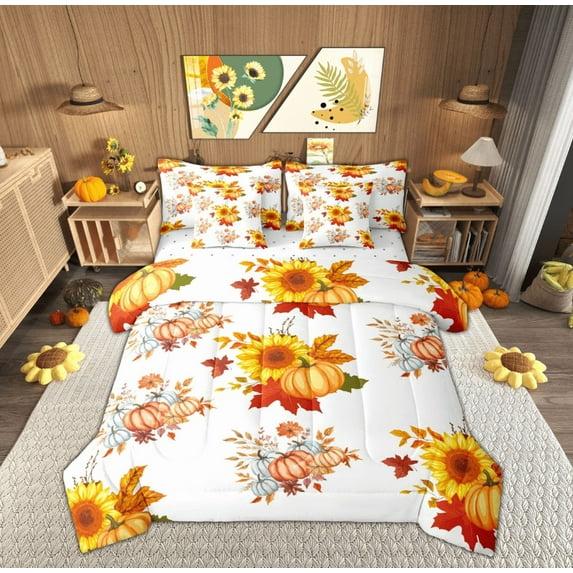 Feelyou Vibrant Orange Sunflower Bedding Comforter Set 7pcs, Harvest Pumpkin Queen Bedding Sets, Teens Boys Girls Kids Reversible Queen Sheet Sets, Super Cozy Room Decor