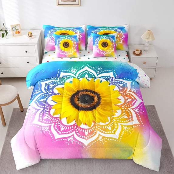 Feelyou Vibrant Yellow Sunflower Bedding Comforter Set 7pcs, Boho Damask Flower Print Queen Bedding Sets, Rustic Farmhouse Reversible Queen Sheet Sets, Microfiber Bedroom Decor
