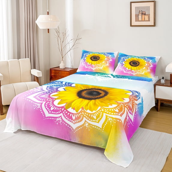 Feelyou Vibrant Yellow Sunflower Full Size Sheets, Boho Damask Flower Print Bed Sheets, Rustic Farmhouse Sheet Sets, Microfiber Bedroom Decor, 4 Pieces