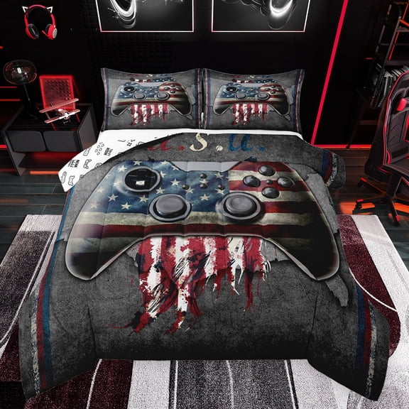 Feelyou Video Game Console Bedding Comforter Set for Boy, Retro American Flag Twin Comforter Sets, Cartoon Gamepad Reversible Bedding Set, Super Cozy Room Decor, 2 Pieces