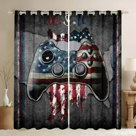 Feelyou Video Game Console Blackout Curtains Set of 2 (52x84 Each) for Boy, Retro American Flag Window Curtains, Cartoon Gamepad Curtains and Drapes, Black Out Curtains Decor