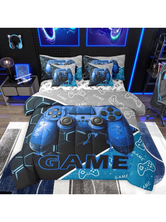 Video Gamer Boy Bedding Comforter Set 7pcs, Blue Gamepad Modern Gaming Queen Bedding Sets, Honeycomb Abstract Reversible Queen Sheet Sets, Lightweight Room Decor