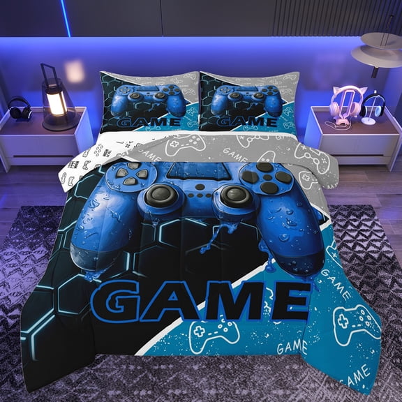 Feelyou Video Gamer Boy Bedding Comforter Set, Blue Gamepad Modern Gaming Twin Comforter Sets, Honeycomb Abstract Reversible Bedding Set, Lightweight Room Decor, 2pcs