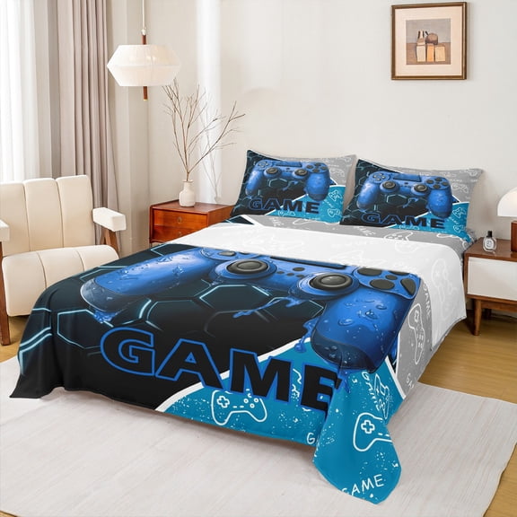Feelyou Video Gamer Boy Twin Sheet Sets, Blue Gamepad Modern Gaming Twin Fitted Sheet, Honeycomb Abstract Flat Sheet, Lightweight Room Decor, 3pcs