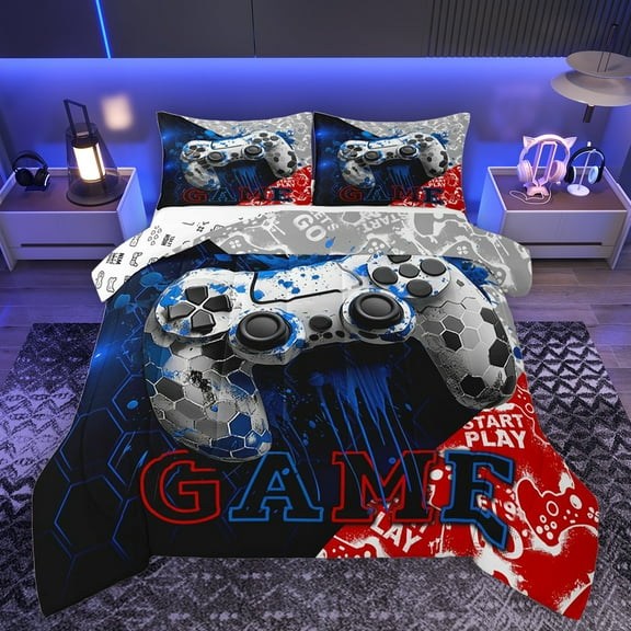 Feelyou Video Gamer Gamepad Queen Comforter Set, Blue Red Watercolor Splatter Bedding Sets, Honeycomb Abstract Reversible Bedding Comforter Set, Lightweight Room Decor, 3-Piece