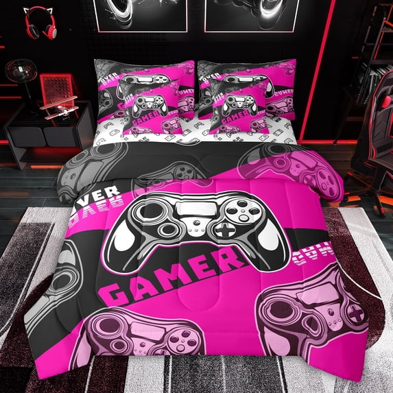 Feelyou Video Games Console Bedding Comforter Set 7pcs, Pink Cartoon Gamepad King Bedding Sets, Game Controller Reversible Bed Sheets, Luxury Bedroom Decor