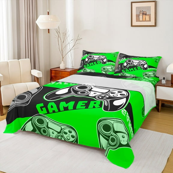 Feelyou Video Games Console Queen Sheet Sets, Green Cartoon Gamepad Flat Sheet, Game Controller Queen Fitted Sheet, Ultra Soft Bedroom Decor, 4-Piece