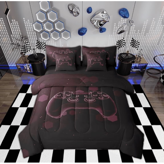 Feelyou Video Gaming Lover Bedding Comforter Set 7-Piece for Teen, Dark Red Game Console King Bedding Sets, Neon Geometric Reversible Bed Sheets, Lightweight Room Decor