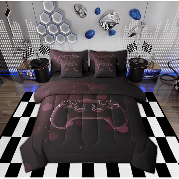 Feelyou Video Gaming Lover Bedding Comforter Set 7pcs for Teen, Dark Red Game Console Queen Bedding Sets, Neon Geometric Reversible Queen Sheet Sets, Lightweight Room Decor