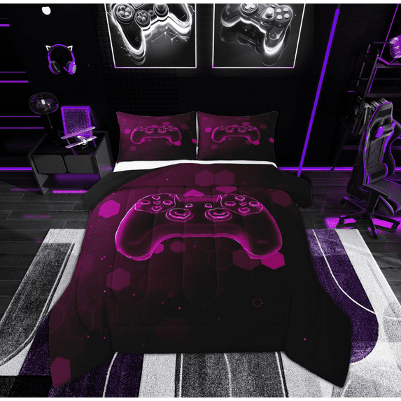 Feelyou Video Gaming Lover Full Size Comforter Sets for Teen, Pink Game Console Bedding Comforter Set, Neon Geometric Reversible Bedding Sets, Super Cozy Room Decor, 3 Pieces