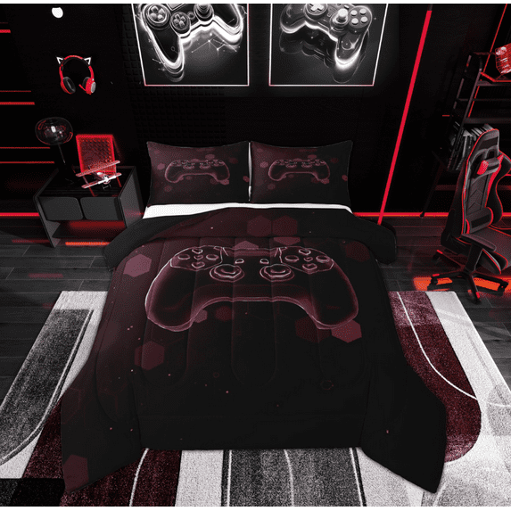 Feelyou Video Gaming Lover Queen Comforter Set for Teen, Dark Red Game Console Bedding Sets, Neon Geometric Reversible Bedding Comforter Set, Lightweight Room Decor, 3 Pieces