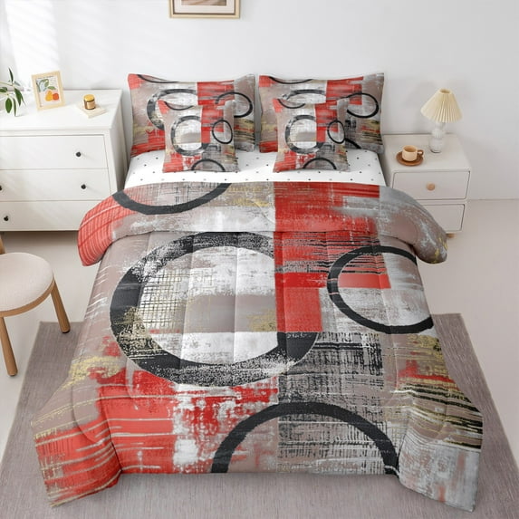 Feelyou Vintage Art Circle Twin Bedding Sets 7-Piece for Kids, Abstract Geometric Bedding Comforter Set, Retro Oil Printing Reversible Sheet Sets, Ultra Soft Home Decor