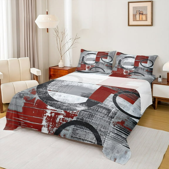 Feelyou Vintage Art Circle Twin Sheet Sets for Kids, Abstract Geometric Twin Fitted Sheet, Retro Oil Printing Flat Sheet, Breathable Home Decor, 3pcs